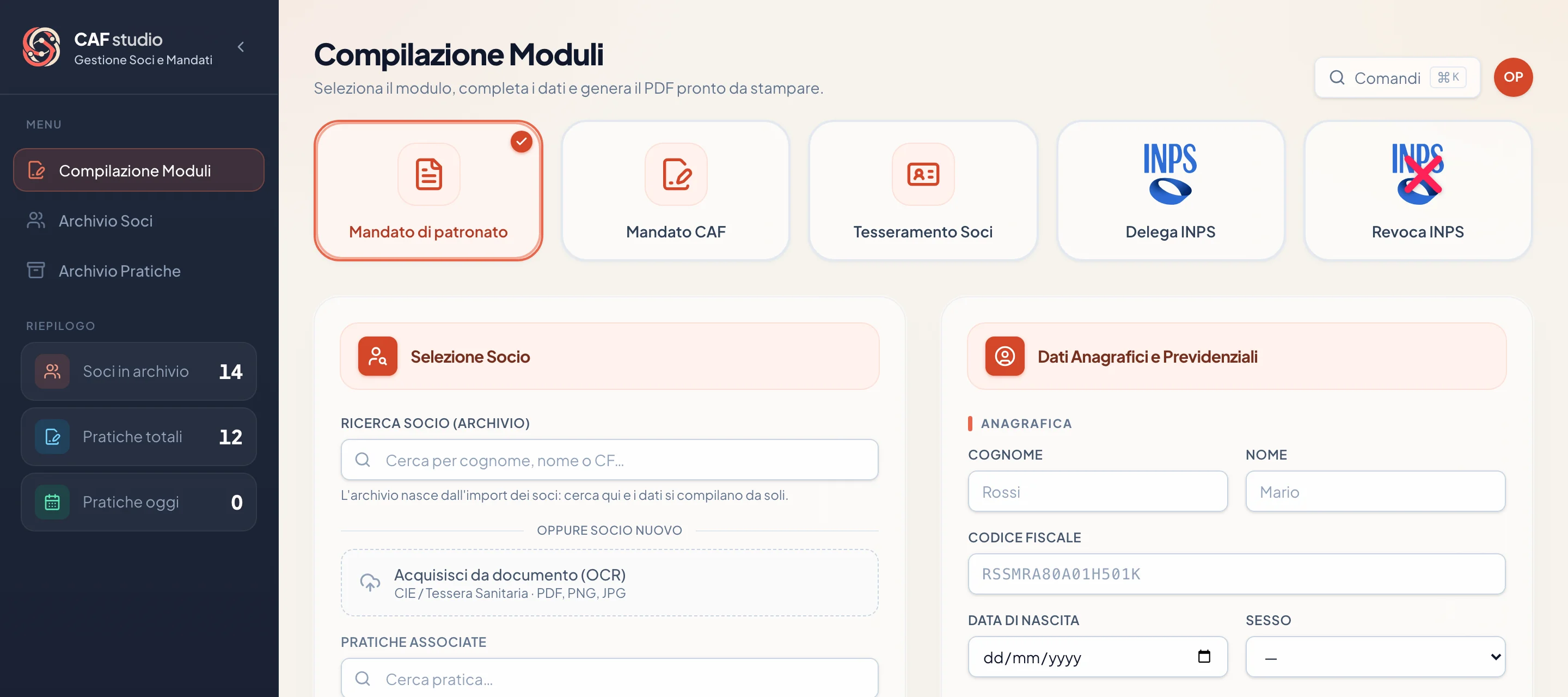 CAF studio: i cinque moduli in alto, con il primo selezionato, e sotto la selezione del socio e la scheda anagrafica.