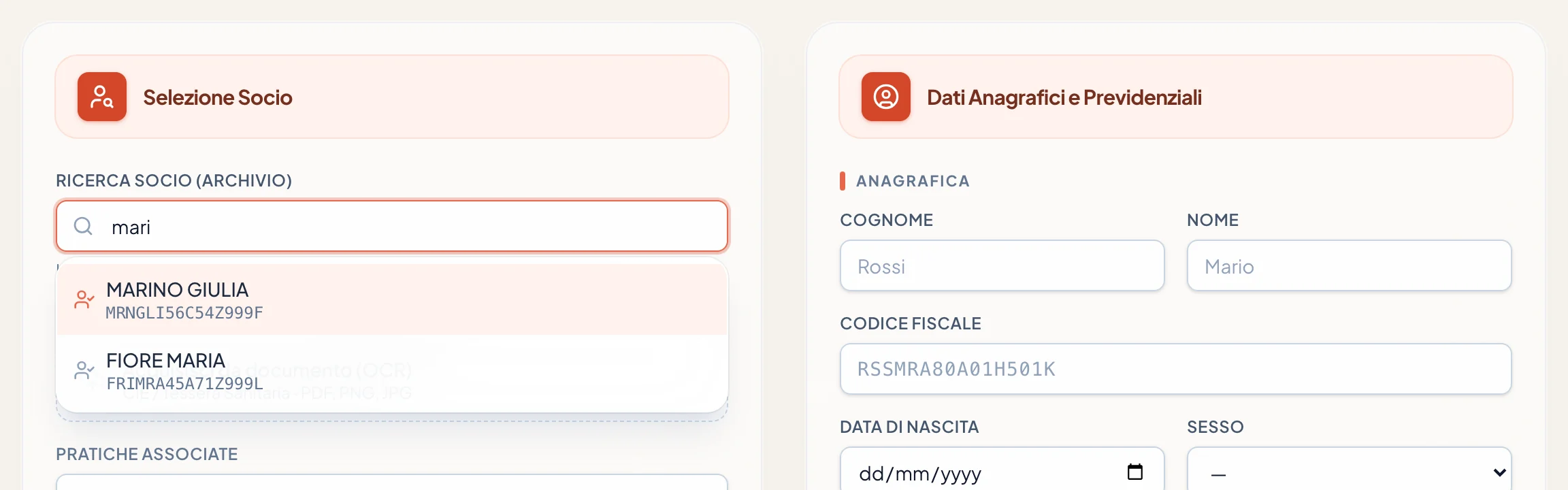 Ricerca del socio con quattro lettere digitate e due risultati, ciascuno con il codice fiscale sotto il nome.