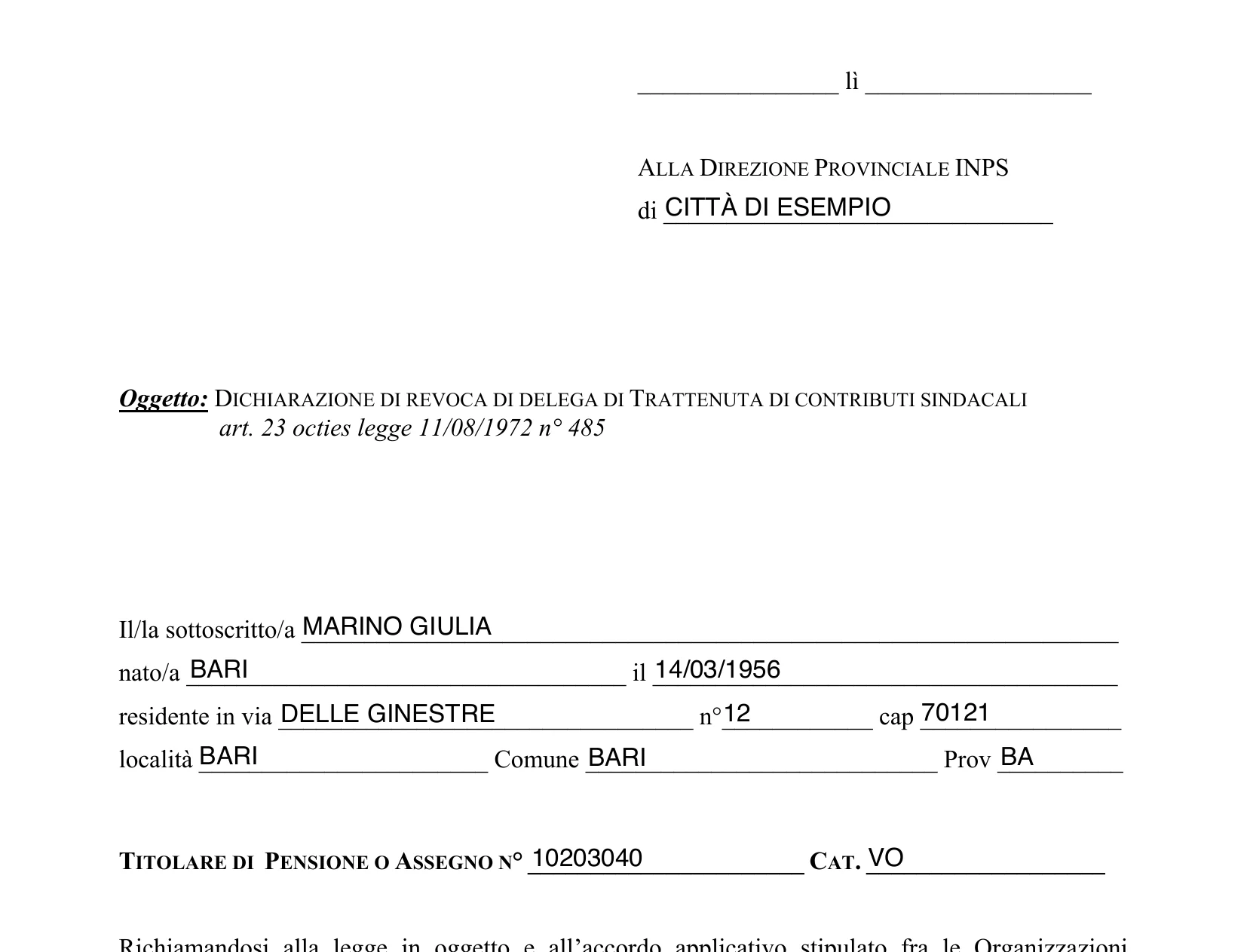 Modulo di revoca della delega sindacale compilato: dati del socio di fantasia, numero e categoria di pensione, data lasciata vuota.