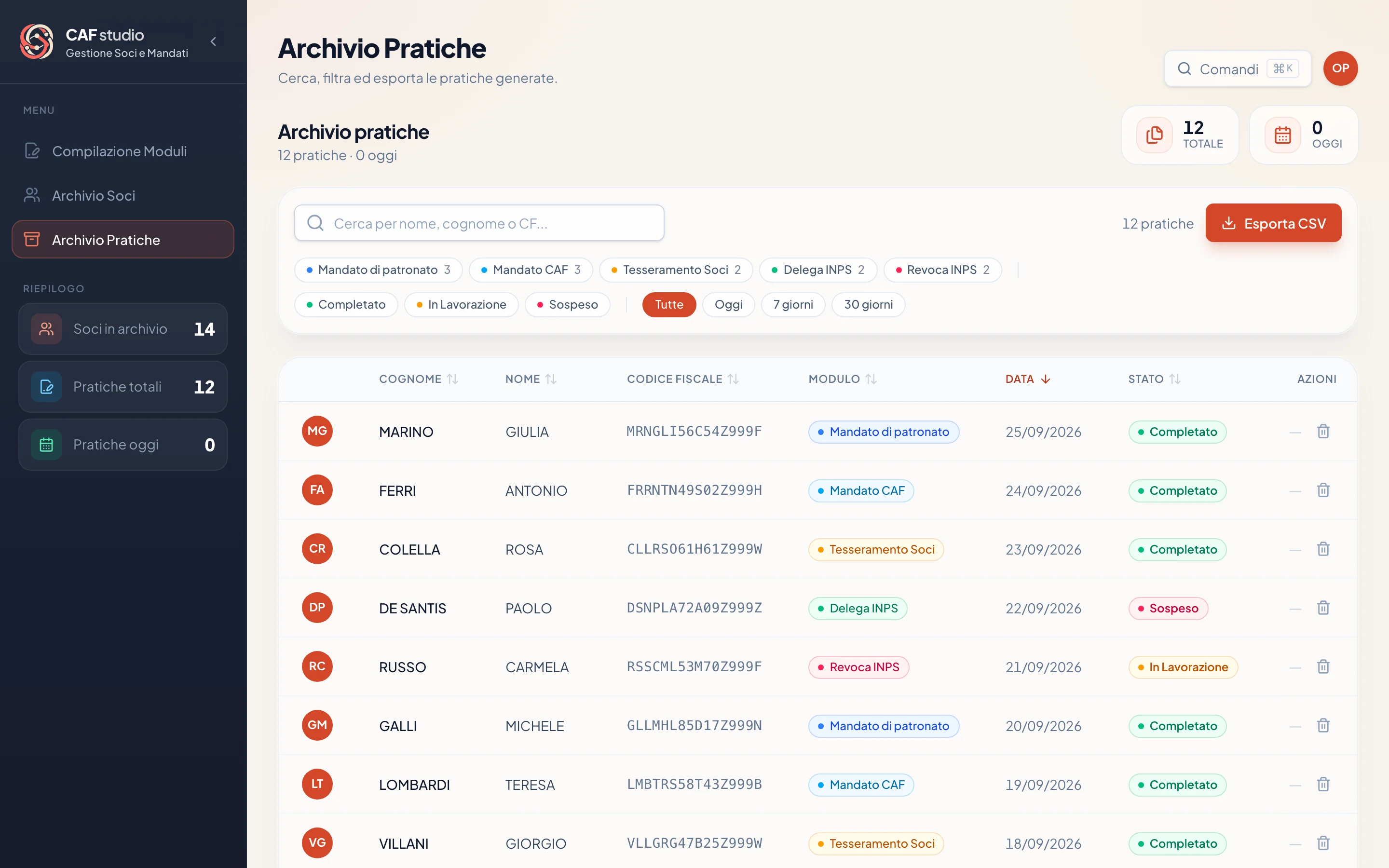 Archivio pratiche con filtri per modulo, stato e periodo, e l’elenco delle pratiche di fantasia con modulo, data e stato.