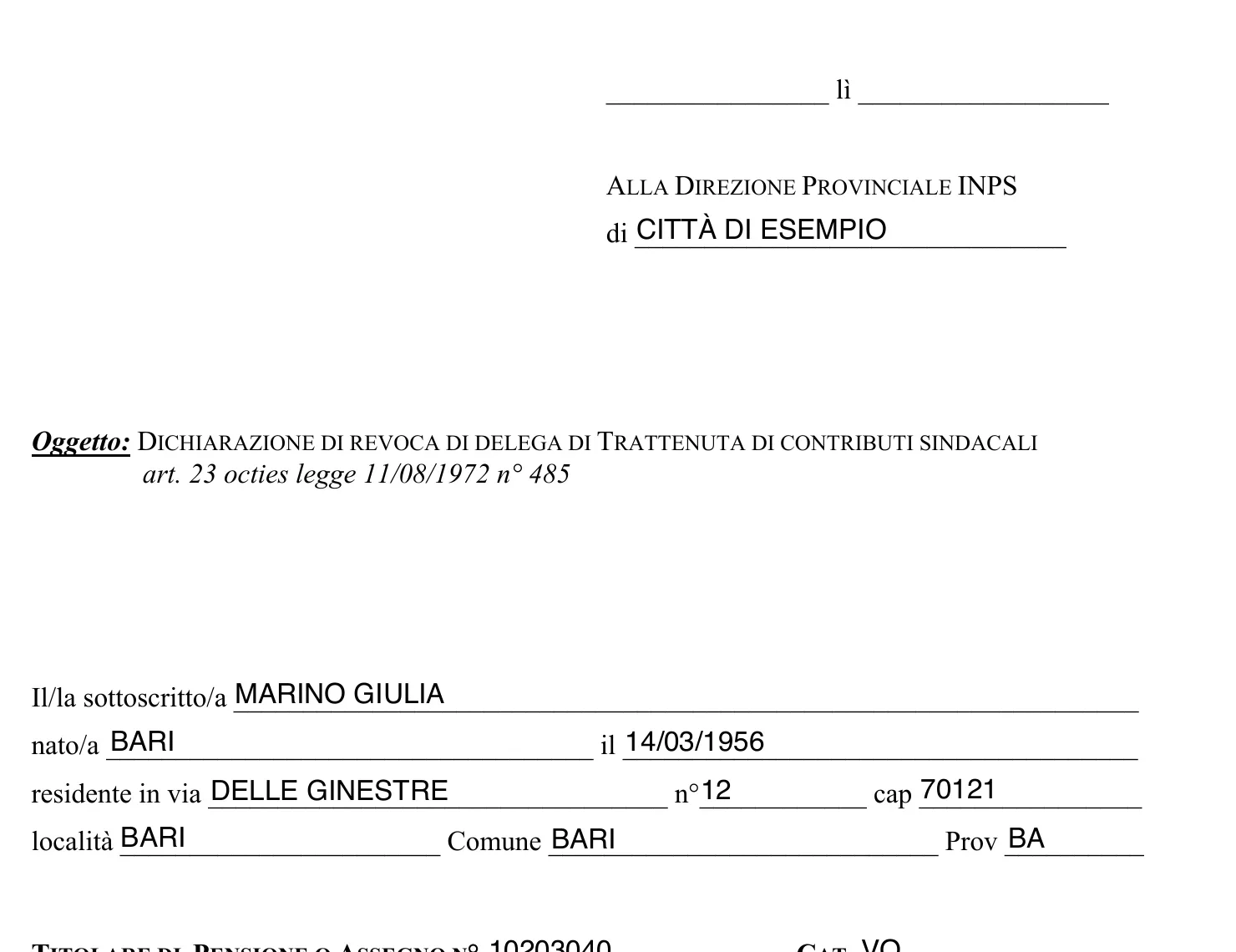 La revoca INPS compilata da CAF studio per la socia di fantasia: nome, nascita e residenza riempiti, la data in alto lasciata vuota.