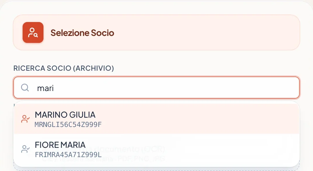 Ricerca nell’archivio di CAF studio: digitando «mari» compare la socia di fantasia Marino Giulia con il codice fiscale.