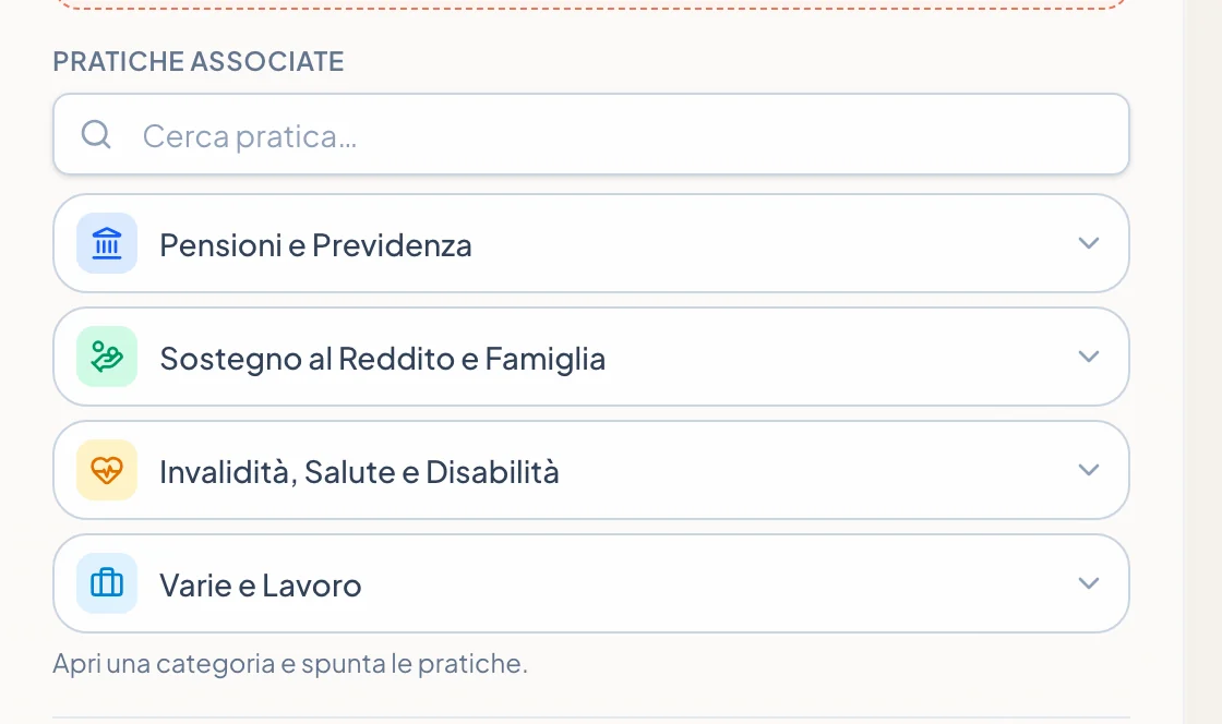Mandato: le pratiche associate, divise per categoria.