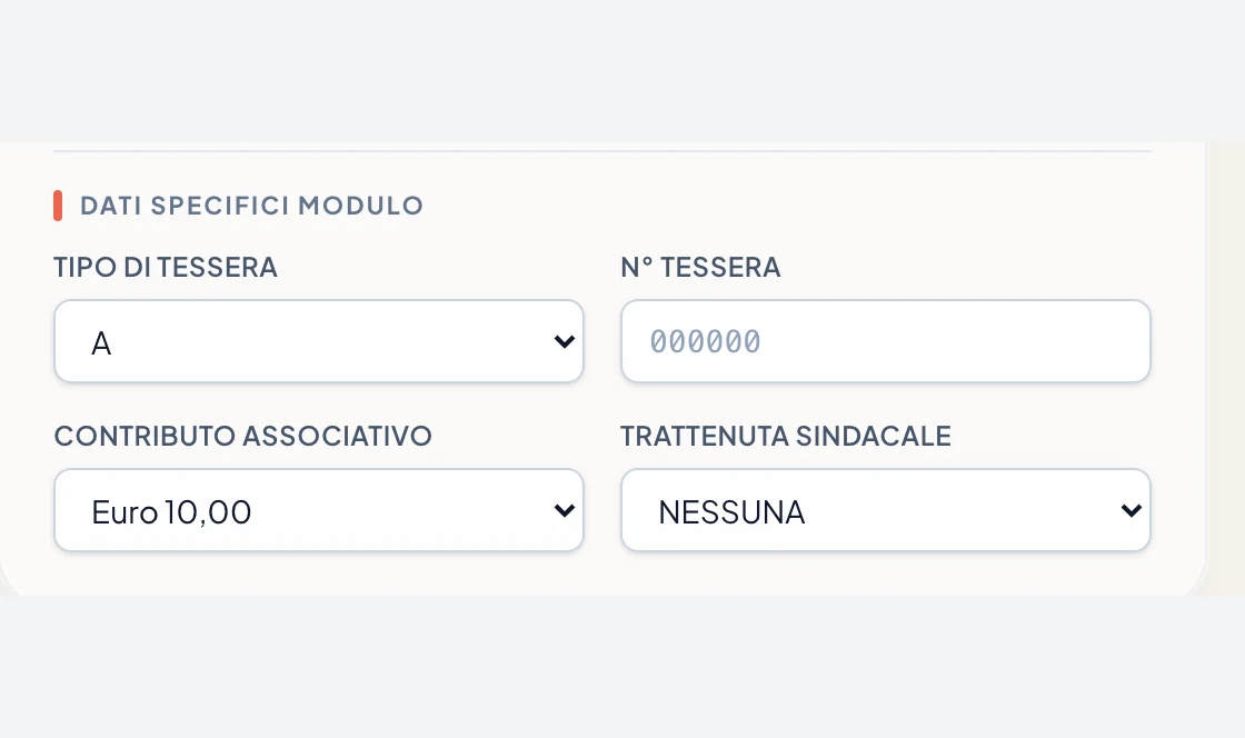 Tesseramento: tipo e numero di tessera, contributo associativo e trattenuta sindacale.