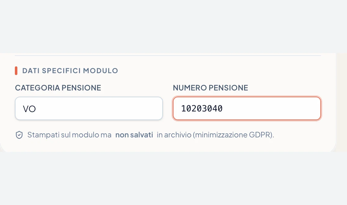 Revoca INPS: categoria e numero di pensione, con la nota «stampati sul modulo ma non salvati in archivio».