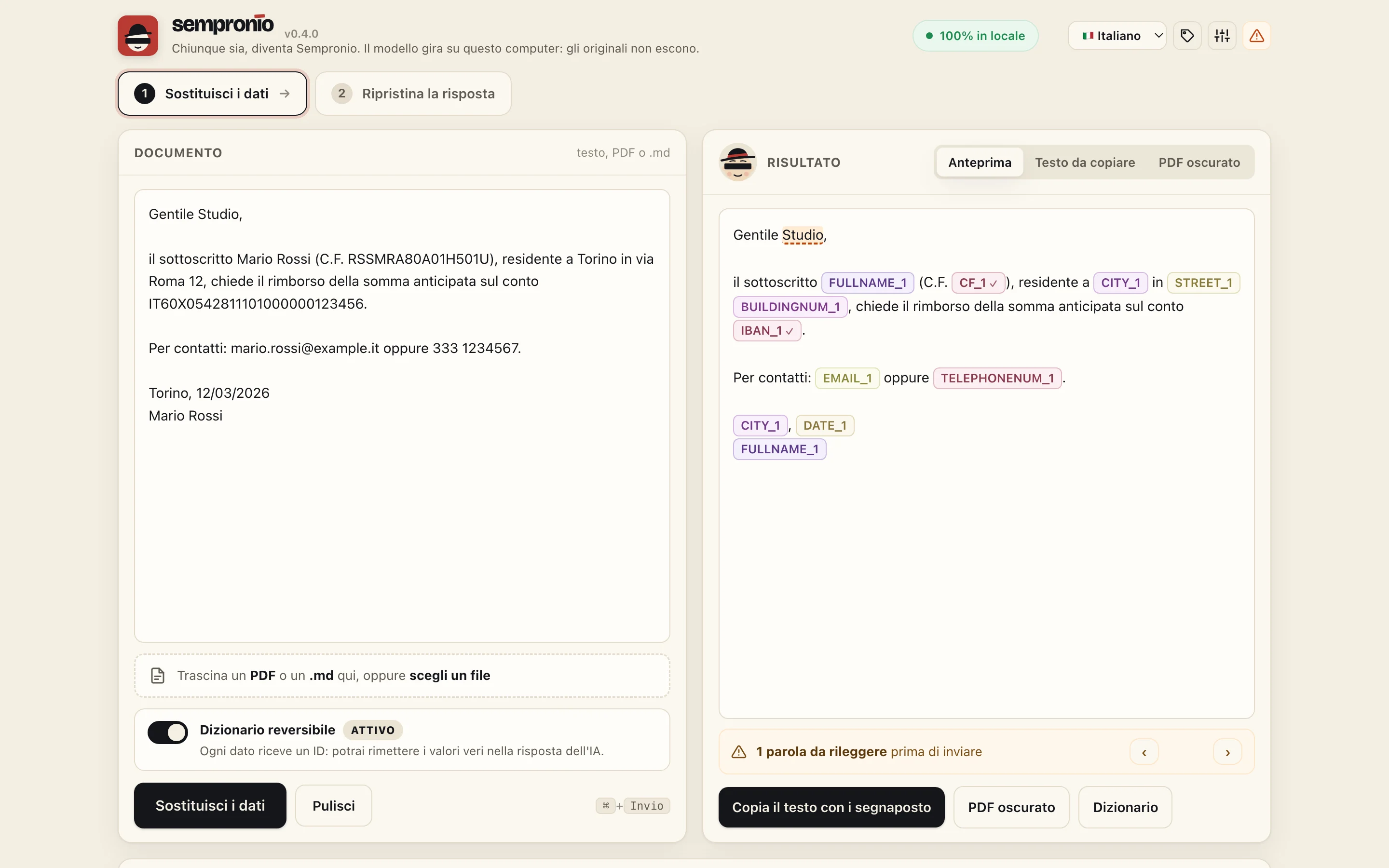 Sempronio: a sinistra una lettera inventata con nome, codice fiscale, indirizzo, IBAN, email e telefono; a destra la stessa lettera con i segnaposto FULLNAME_1, CF_1, CITY_1, STREET_1, IBAN_1, EMAIL_1 e TELEPHONENUM_1, e sotto la barra «1 parola da rileggere prima di inviare».