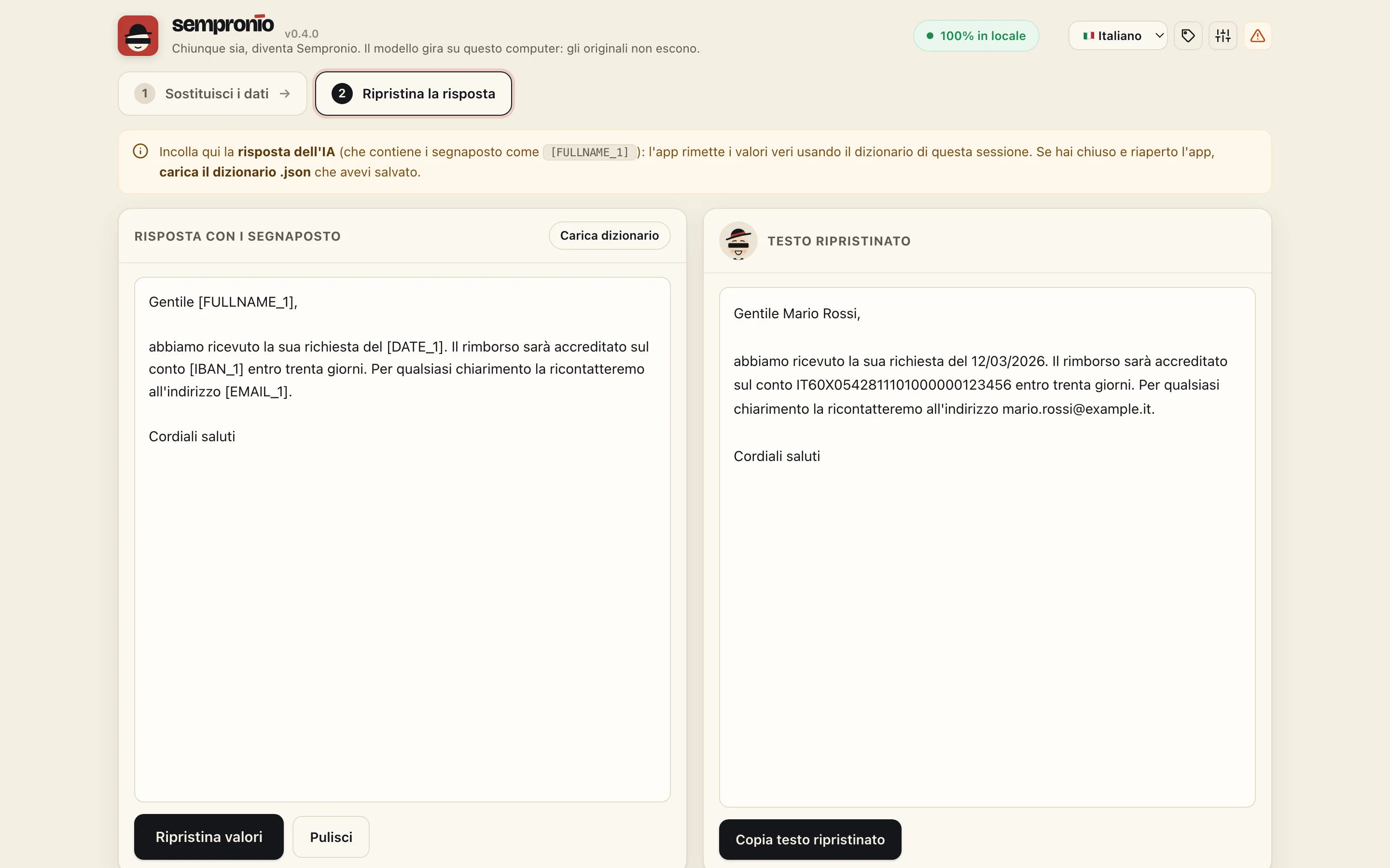 Scheda «Ripristina la risposta»: a sinistra una risposta con i segnaposto FULLNAME_1, DATE_1, IBAN_1 ed EMAIL_1, a destra lo stesso testo con nome, data, IBAN ed email originali.