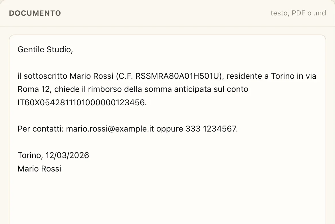 Lettera inventata con il nome Mario Rossi, codice fiscale, indirizzo, IBAN, email e telefono in chiaro.