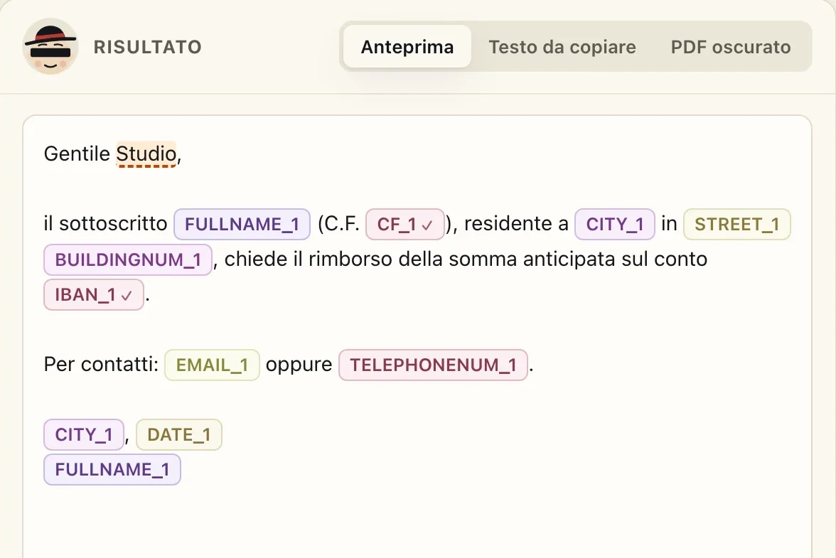 La stessa lettera dopo Sempronio: al posto dei dati, segnaposto come FULLNAME_1, CF_1, IBAN_1 ed EMAIL_1.